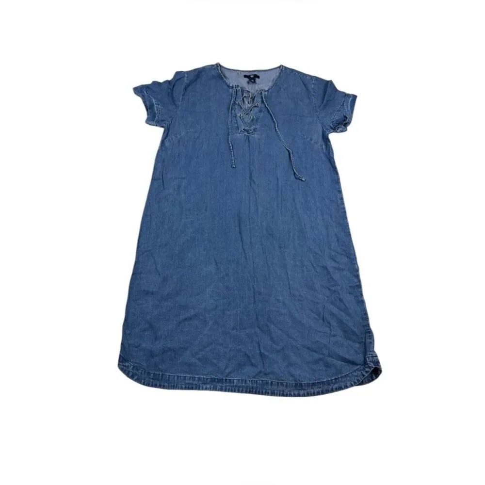 Gap Lace Up Shift Dress Blue Chambray Soft Denim Casual Relaxed Fit Pullover S